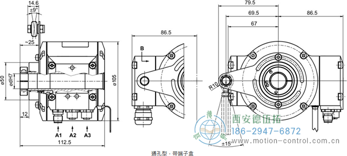 HMG10P-T - EtherNet/IP絕對值重載編碼器外形及安裝尺寸(通孔型) - 西安德伍拓自動化傳動系統有限公司