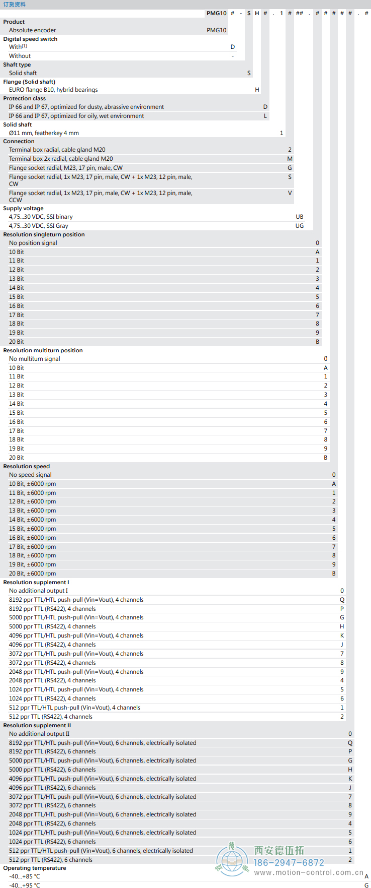 PMG10 - SSI絕對值重載編碼器訂貨選型參考(?11 mm實心軸，帶歐式法蘭B10或外殼支腳 (B3)) - 西安德伍拓自動化傳動系統有限公司